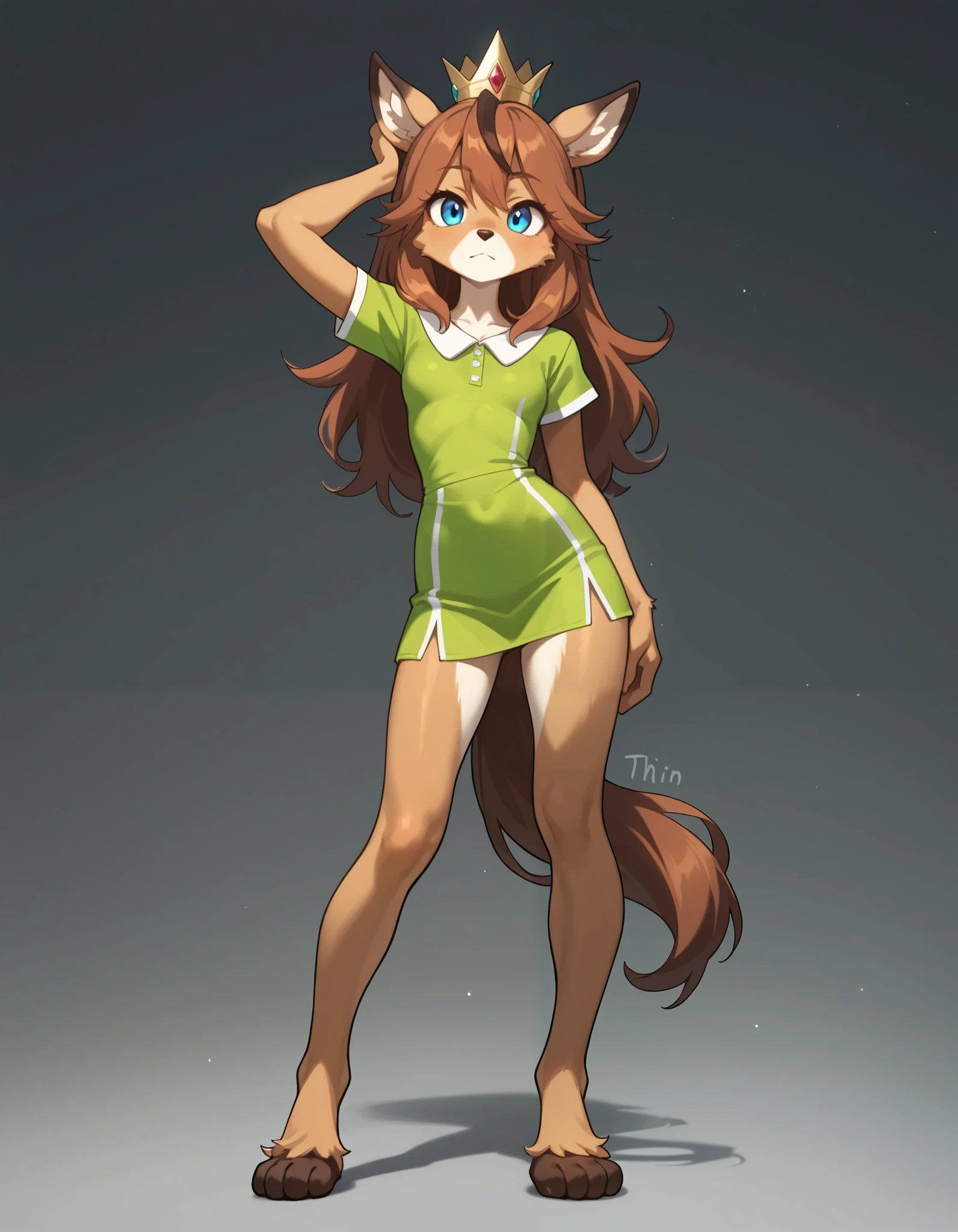 valbun, solo, Humanoid,, anthropomorphic horse, anthro horse, 1 girl, furry female, furry horse, light brown fur, blue eyes, long snout, dark brown mane, green clothes with large yellow stripe, crown, full body, fullbody, furry paws, horse girl, standing on two legs,, thin body, slim body, slender body,, Small waist, wide waist, 