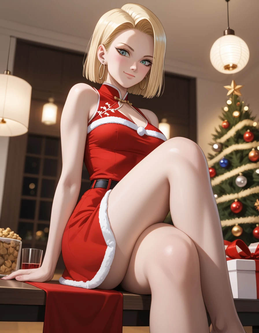 sysdeep_android18, android 18, blonde hair, blue eyes, eyelashes, hoop earrings, short hair, earrings, photorealistic, detailed coloring, anime style, detailed high quality, chromatic aberrations, ultra detailed quality skin, detailed ray tracing lighting,, masterpiece、 best quality、masterpiece, high definition , 8K quality, perfect face, solo, 1 girl, beautiful face, beautiful detailed eyes, Alone, cute face、nose blush, red cheek, large butt, looking at viewer, wearing a smug expression, looking down, (from below), cleavage, closed mouth, standing, hair slicked back, collarbone, Staring at the viewer, (Christmas costume, Cheongsam, mini skirt,), ass line, sitting on table, crossed legs, arm behind head, sexy pose, sensual expression, sensual pose, blurry background, covered nipples, festive decorations, twinkling lights, decorated Christmas tree, cozy indoor setting, warm color tones,