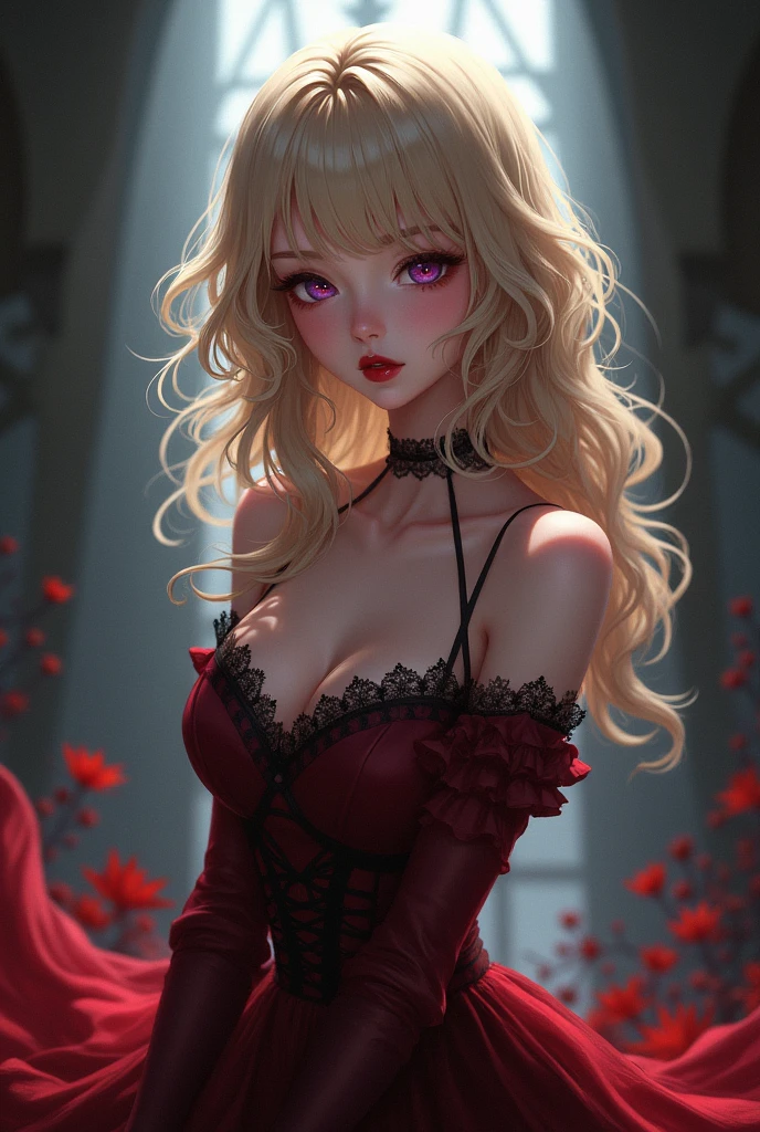 Blonde and pink gradation。Long twin tails。Mysterious and magical purple eyes。Lady in a red dress。Bewitching beauty。Pearl ornaments。Aristocratic Soiree。