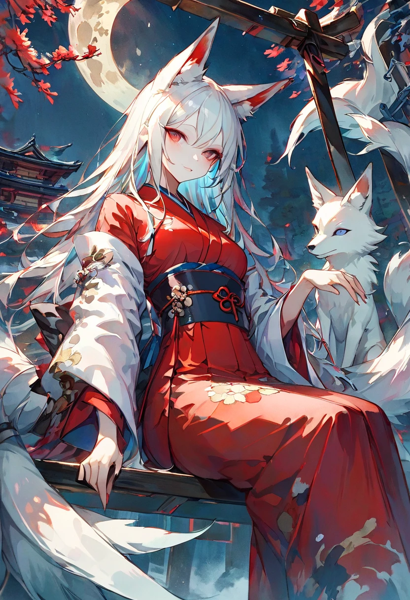 Masterpiece, highest resolution, highest quality, detailed depiction, beautiful, art, watercolor style, Japanese yokai, ((nine-tailed fox)), anthropomorphized fox, fair skin, slender eyes with distinct red eyeliner, silver hair, long hair, fox ears emerging from the head, beautiful white and red kimono, long kimono 、cool beauty, midnight,  smile、Sitting on a swing in the park、公園 in the background, 4K graphics.