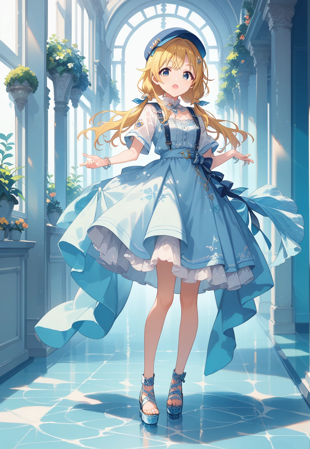 official style, hachimiya meguru, idolmaster shiny colors, very aesthetic, best quality, intricate, overall detail, 1 girl, blue eyes, standing, low twintails, open mouth