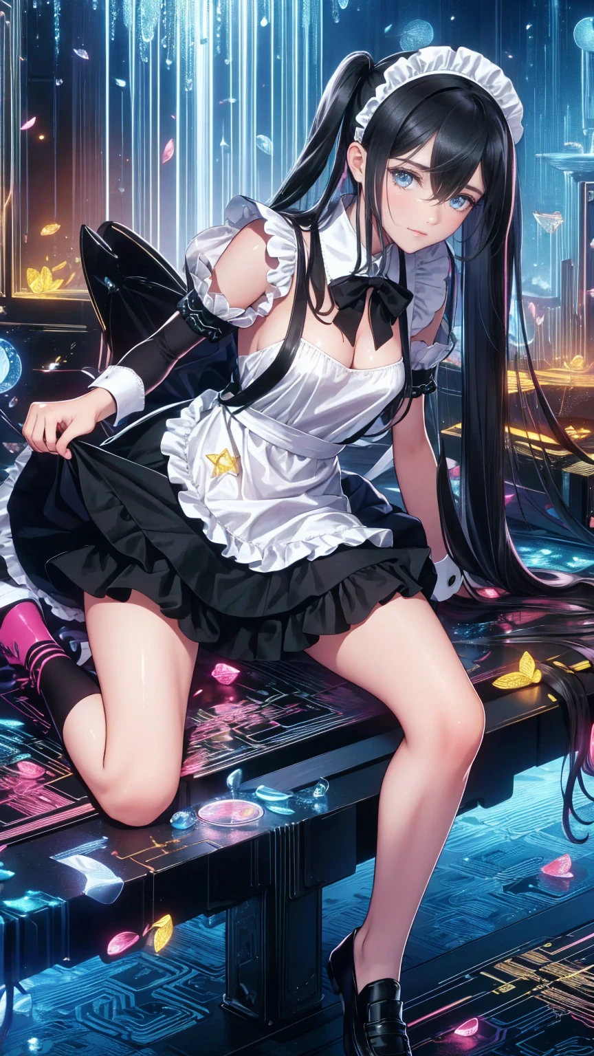 Stained glass background, full body picture, spread legs, full body, twin tails, black hair, air ornament, white dress, blue bowtie, cleavage cutout, blue ribbon, arm ribbon, short dress, white gloves, barefoot, blue bow, blue bowtie, bow, bowtie, cleavage, cleavage cutout, clothing cutout, dress, gloves, pencil dress, (rei no himo:1.5), short dress, white dress, white gloves, masterpiece:1.3), (High resolution), (8K), (very detailed), (4k), (pixiv), perfect face, beautiful eyes and face, (highest quality), (Super detailed), detailed face and eyes,((highest quality)),((table top)),((perfect face)), detailed5two-fingered hand,1 girl and fantasy style, ((holographic)), (stripes of light), impressive visuals, Like the cover of a movie, (dynamic streak, path of light:1.2), bright colors, and face up,dynamic pose