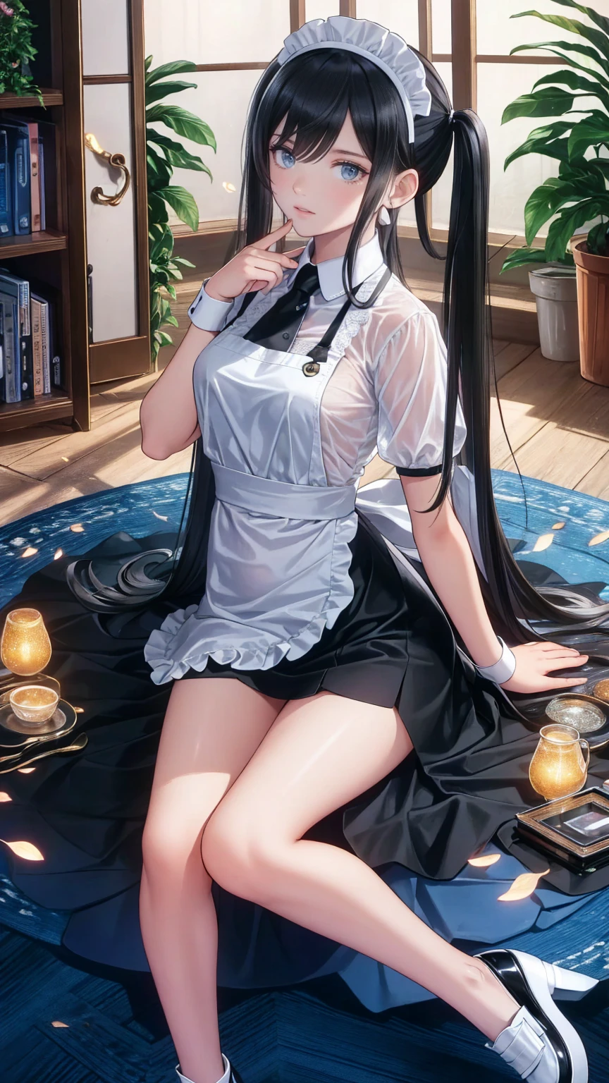 ( score_9,  score_8_up,  score_7_up),  absurd,  top quality,  Official Art,   Masterpiece  , very Midea, Midea,  attention to detail, Sold,  1 girl ,  black hair , , chest, Thighs, Split to one side,  short bang, Shiny Hair, moist skin, Glowing Skin, delicate details,  hair behind ears , medium chest, from side, whole body,  sitting,  Watch Viewers, Put your hand to your face and place it on your cheek,  twin tails,  wave hair,  black hair , medium length, Maid, White headdress,  Black Loafers , A proud smile,  closed mouth ,  Brown Eyes , Content Representation, Amorous body,, Worshipful gaze, indoor, Alone, Particles of light, Solar flare, depth perception,  alternative costumes ,  white apron,  Frilled Apron , puffy Short sleeve, Short sleeve,  black dress, Maid outfit, Keep one hand at your side
