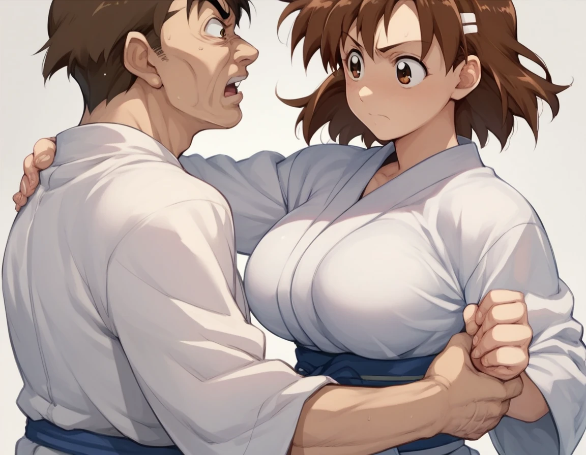 which_Kirie, brown hair, short hair, brown eyes　Big Breasts　Judo　Judo Hall　　old　man　　Judoをつかむ　grab each other 　Have a judo match