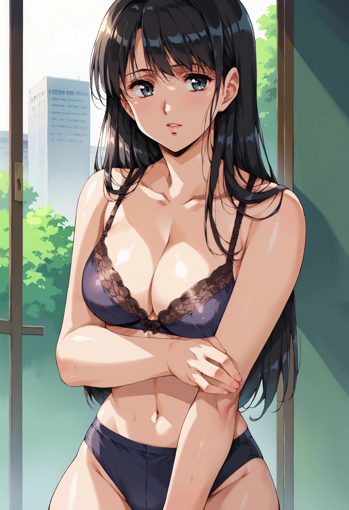 A black-haired woman looking out over the city of Tokyo、Japanese Black Hair、 dark room、 cleavage