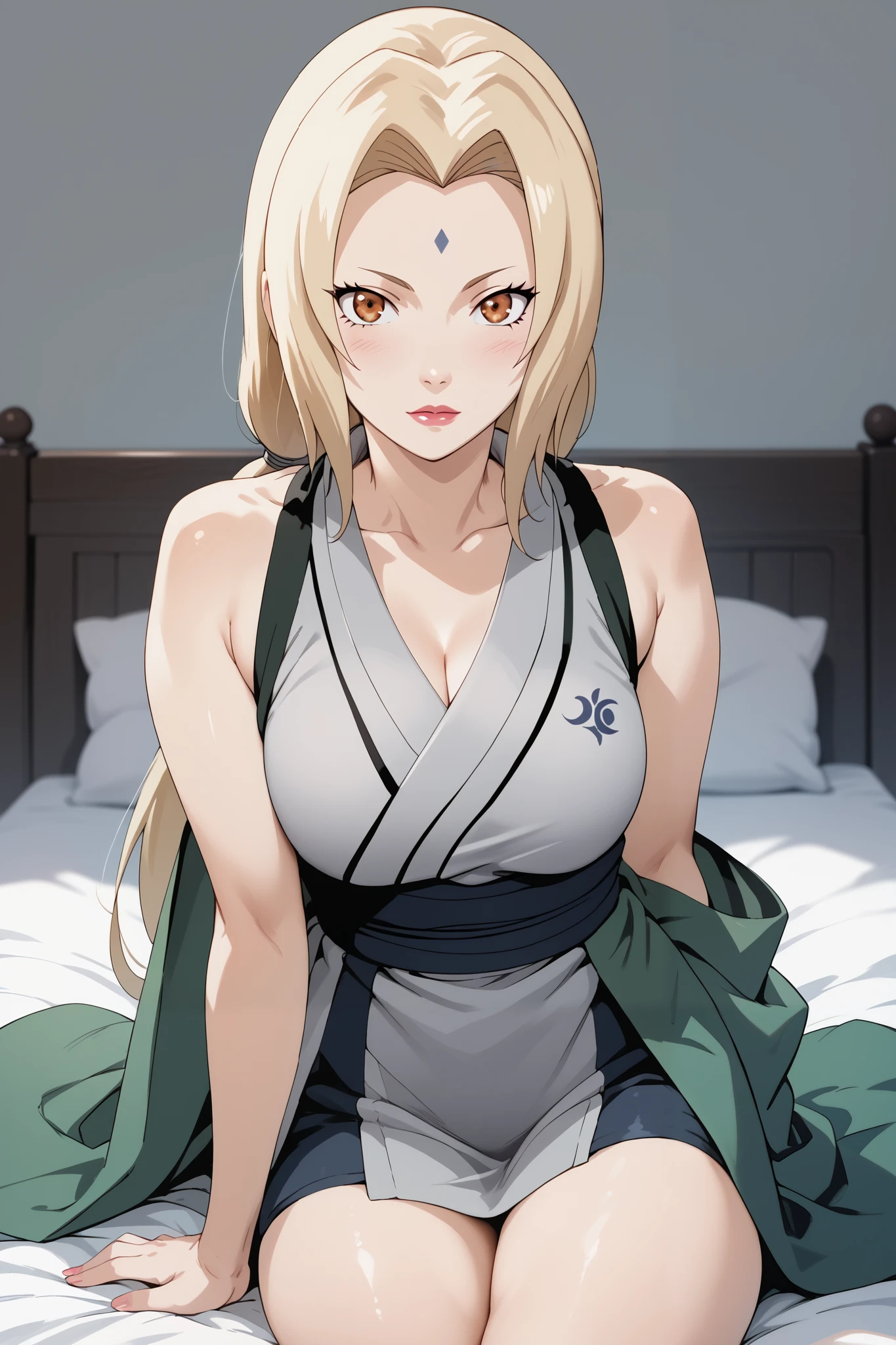 Masterpiece,high quality ,4k,plain silver baground,solo,1 girl ,tsunade senju,large breats,slim body,beauty legs,grey sleeveless kimono,looking at viewers,bed room 