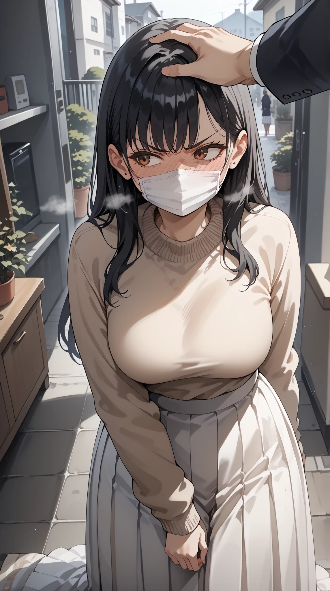  unaestheticXL_cbp62 Anime-style character, source_anime, 1woman, Adult, mature woman, 20 year old, Cool anime girl, wearing a white mouth mask, sweater (long sleeve, Olive color, casual:1.3), Twill Pleated Long Skirt (long skirt, pleated skirt, White skirt:1.3), b1ush, full-face blush, steam, red faced, embarrassed look, disgusted face, jealous, headpat, pov hands, (perfect anatomy, perfect proportions, perfect figure:1.3), deep brown eyes, long hair, black hair, straight hair, lob haircut, curvy body, thick, medium breasts, (half body, medium shot, high angle, Looking away), (background: bedroom),