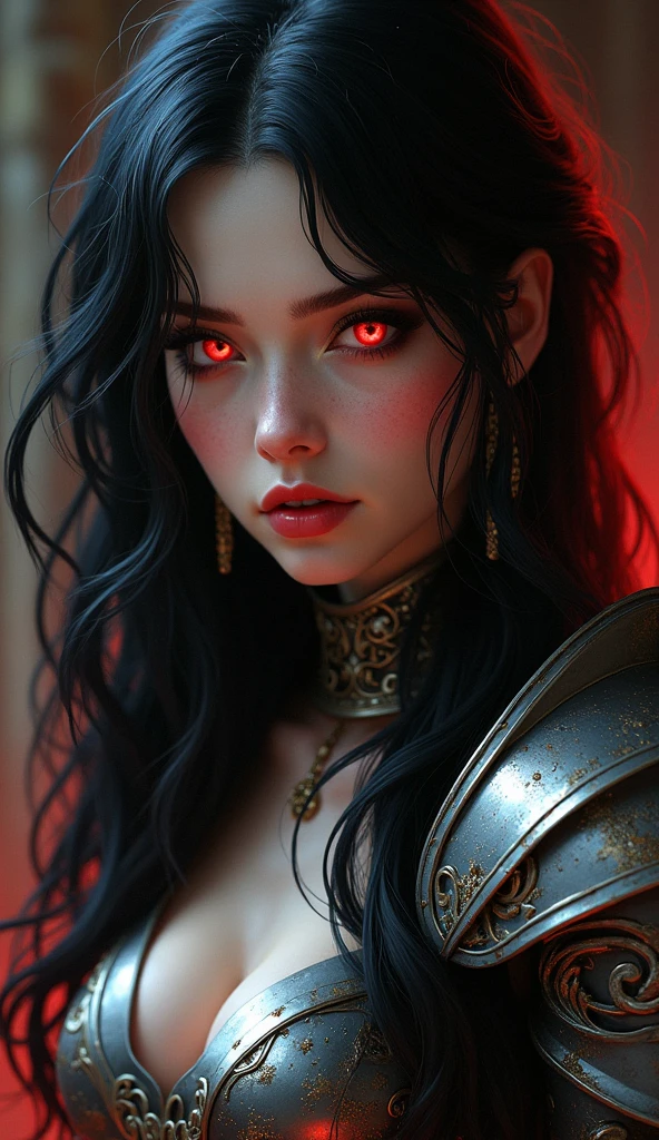 (detailed face,detailed eyes,longeyelashes)(best quality,ultra-detailed)(realistic)(oil painting,portrait) dark lighting,dark colors,red color,queen of the darkness,fierce expression,horns,dark lipstick,glowing red eyes,sharp features,flowing dark hair, full body, woman