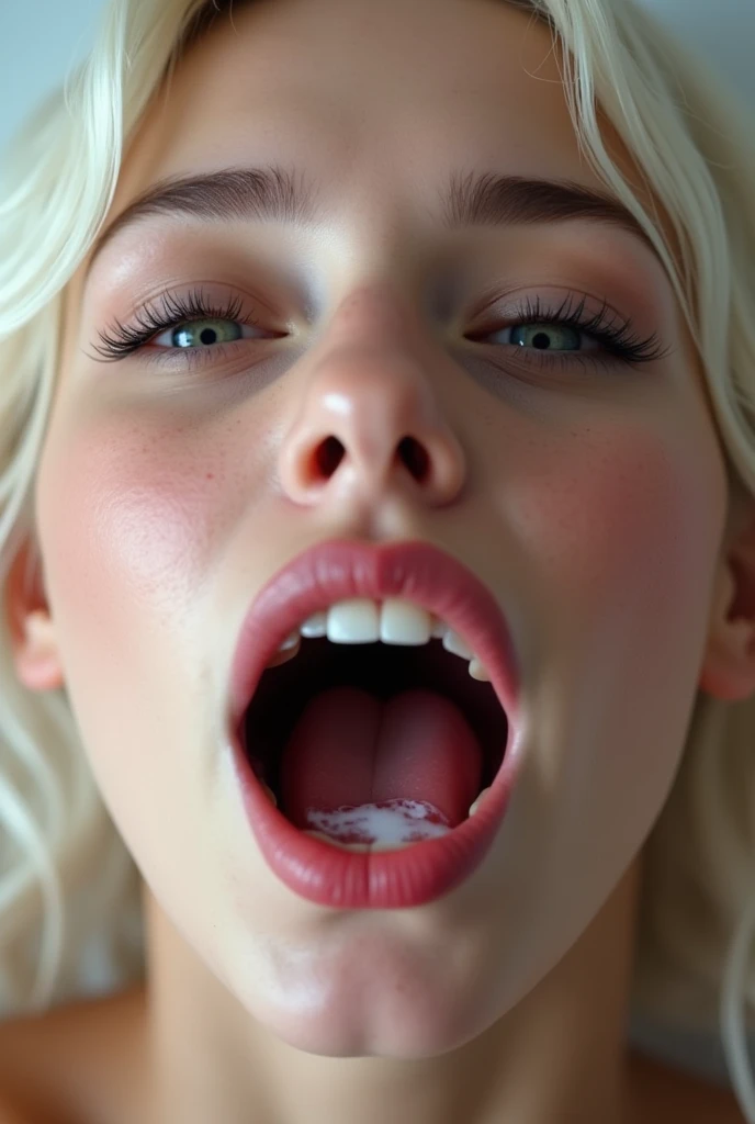 realistic, woman, beautiful mouth, mouth focus, sexy, lick, blonde, orgasm, eyes are slightly open, eyes are askew up between the eyebrows in ecstasy, deep cleavage teasing a firm breast, 19mm lens, top down POV on the sitting on the floor girl with her mouth open, sticky white translucent liquid shooting down into her mouth,
