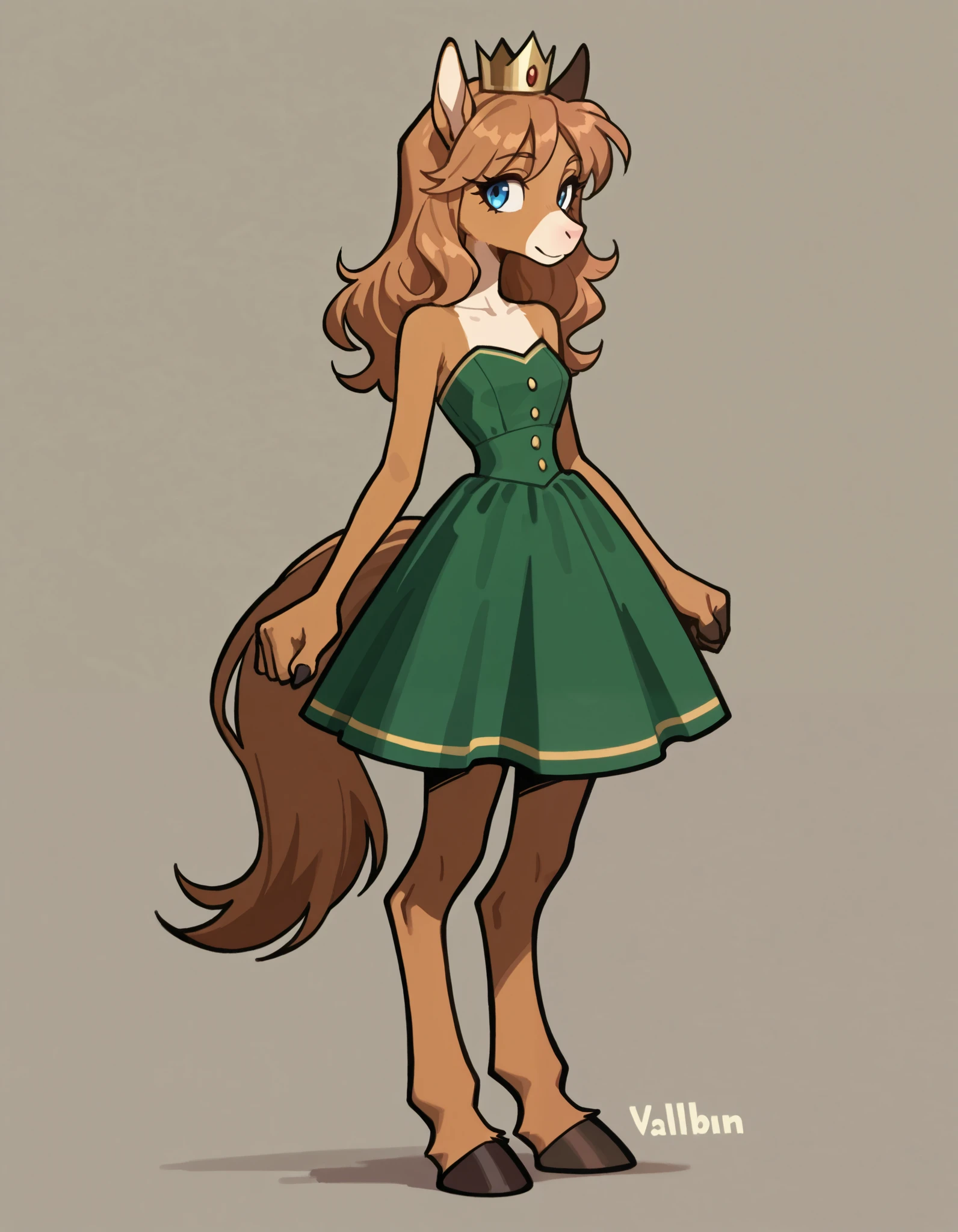 valbun, solo, Humanoid,, anthropomorphic horse, anthro horse, 1 girl, furry female, furry horse, light brown fur, blue eyes, long snout, dark brown mane, green clothes with large yellow stripe, crown, full body, fullbody, furry paws, horse girl, standing on two legs,, thin body, slim body, slender body,, Small waist, wide waist, 