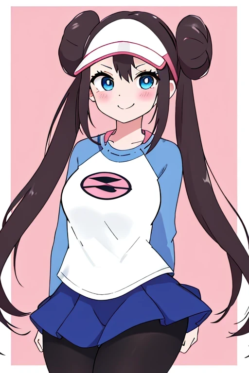 rosa (pokemon) with black and pink hair oversized side buns and long hair behind, blue sleeves on a white top, leggings, yellow mini skirt, big breasts