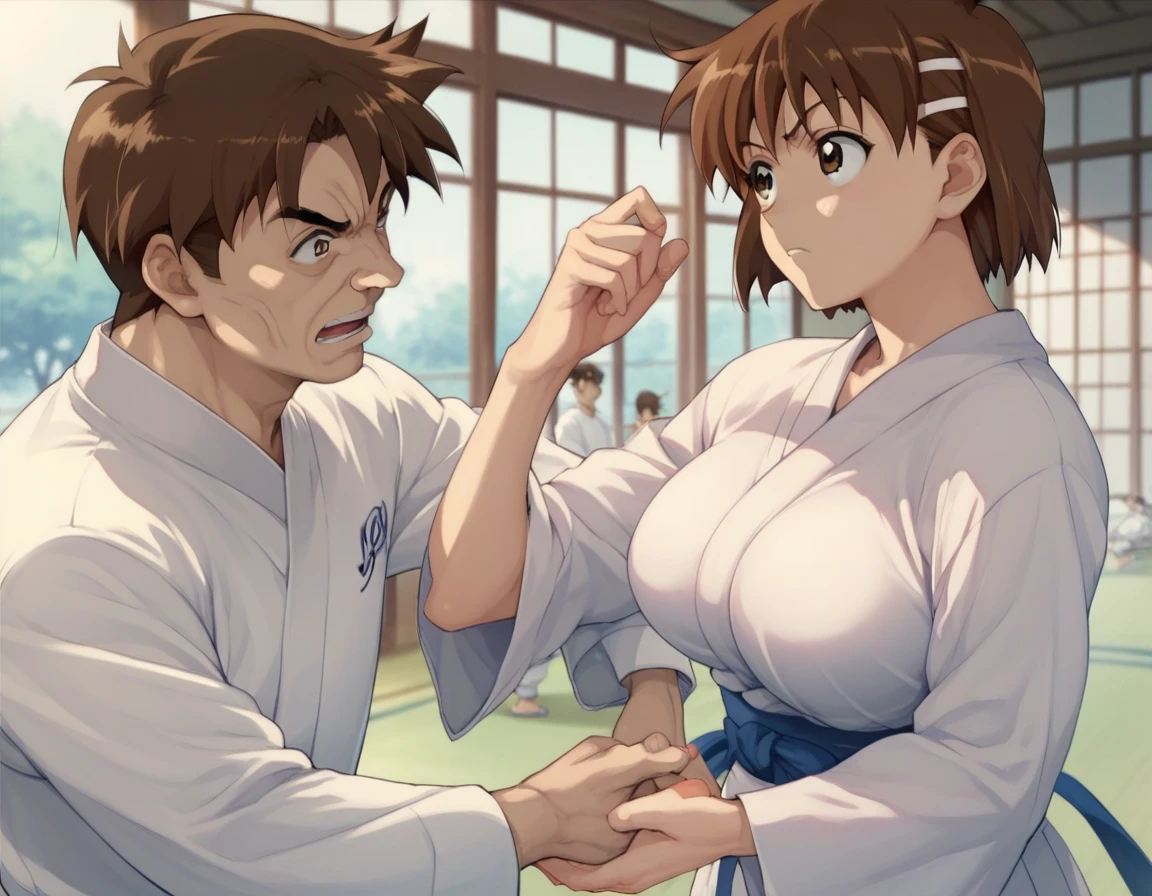 which_Kirie, brown hair, short hair, brown eyes　Big Breasts　Judo　Judo Hall　　old　man　　　Judoを引っ張り合う　Have a judo match