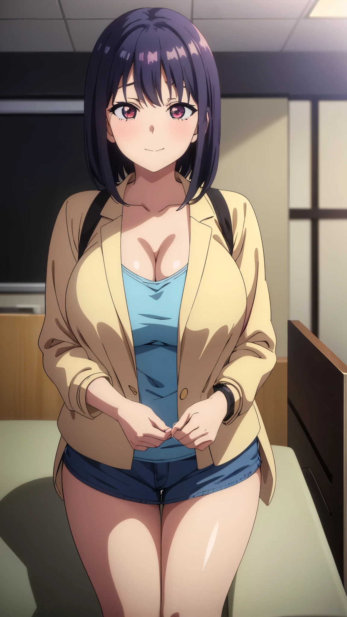 (((masterpiece))),fuyumi itadori, Anime girl characters, 1girl, solo, looking at viewer, medium hair long sleeves, cleavage, bigger breasts, closed mouth, collarbone, jacket, open clothes, open jacket, blue jacket, ground vehicle, sports bra, tall girl, horny, big ass, beautiful face,Charming,  anime visual of a cute girl, screenshot from the anime film, & her expression is solemn, ahegao face, in the anime film, in an anime, anime visual of a young woman, she has a cute expressive face, still from anime, perfect breasts, she is tall, All bodies visible, ahegao face, the face is ahegao, she is horny, A perverted face, she so perverted, she smile so perverted, hd picture, 4k quality, details of the face is so good,bigger breasts, ,change her face and make her face hd and pretty😍, make her face like nakano ichika , she is masturbating, Office worker clothes, Office workers, full body!! , Flirting