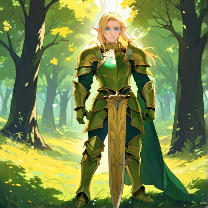 Masterpiece, HD, high resolution, high quality, best quality. solo Character alone, multiple views. Fantasy art.
{{(An adult-Elf-male-prince of 500-years-old:(fair skin. golden blonde yellow much-shorter-hair. Beautiful light-blue eyes. Absolute handsome male. beautiful male face. beautiful male features. Relaxed expression. Confident male smile full of bravery and security. He stands 1,80-CM-tall.),(he wears: full paladin elvish armor: Golden cuirass. Green shoulders armors. Green elbows armors. Green and golden helmet. Green hips armor. Green gauntlets. Green armored boots. Golden paladin sword. Golden paladin shield.),(scenery: green elven forest. Sunny day. Bright sky. Green grass. Yellow and green tress.))}}