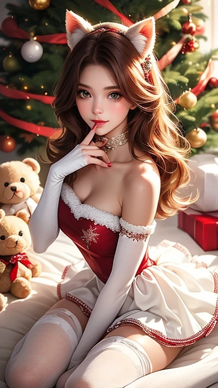 photograph.,realistic,good lighting,professional Photography,masterpiece,good hand,good finger,good nail,A stunning beautiful young woman pale skin beauty pose sitting wearing a red velvet Christmas costume. The costume consists of a cropped sweetheart neckline top with white fluffy trim and a two-layered flared skirt,also with white fluffy trim. She is wearing matching red velvet gloves and red cat ear headbands.  She is also wearing white thigh-high stockings with white bows. The background is a soft cream color with a beautifully decorated Christmas tree to her side and a brown teddy bear to the right.  Soft lighting from above creates subtle shadows on the costume and her face. The overall atmosphere is warm,cute,and festive. The colors are vibrant,highlighted by the red of the costume,the green of the Christmas tree,and the white of the stockings. All details are sharp,skin is smooth,eyes are bright,hair is neatly styled,pose is natural and charming.