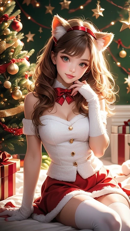 photograph.,realistic,good lighting,professional Photography,masterpiece,good hand,good finger,good nail,A stunning beautiful young woman pale skin beauty pose sitting wearing a red velvet Christmas costume. The costume consists of a cropped sweetheart neckline top with white fluffy trim and a two-layered flared skirt,also with white fluffy trim. She is wearing matching red velvet gloves and red cat ear headbands.  She is also wearing white thigh-high stockings with white bows. The background is a soft cream color with a beautifully decorated Christmas tree to her side and a brown teddy bear to the right.  Soft lighting from above creates subtle shadows on the costume and her face. The overall atmosphere is warm,cute,and festive. The colors are vibrant,highlighted by the red of the costume,the green of the Christmas tree,and the white of the stockings. All details are sharp,skin is smooth,eyes are bright,hair is neatly styled,pose is natural and charming.