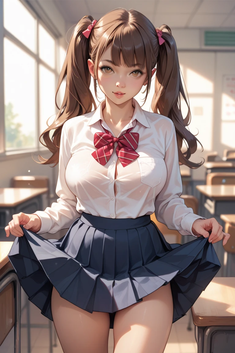 Young girl in white tight blouse (top button open, sexy bra visible), blue pleated mini skirt with red trim, sexy slip, standing in front of her desk in front of the blackboard