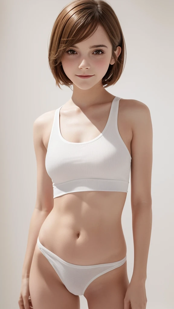 Highest quality, 超High resolution, (Reality: 1.4), Cinema Lighting、Asian Beauty、Super Beauty、Beautiful Skin、Slender、(Surreal)、(High resolution)、(8K)、(Very detailed)、(Beautiful and detailed eyes)、(Ultra-detailed)「A young woman wearing a white Calvin Klein bra and panties、She is posing in a simple room with natural light.。She smiled confidently、Embodying healthy beauty and sophisticated style。The background is minimalist、Designed to highlight feminine beauty and Calvin Klein&#39;s elegant designs.。」
