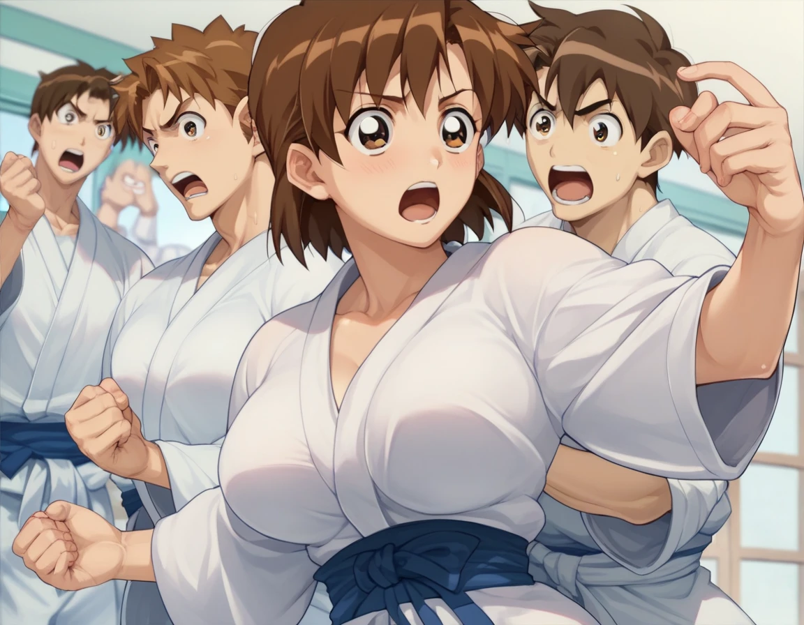 which_Kirie, brown hair, short hair, brown eyes　Big Breasts　Judo　Judo Hall　　bald boy　　　Judoを引っ張り合う　Have a judo match