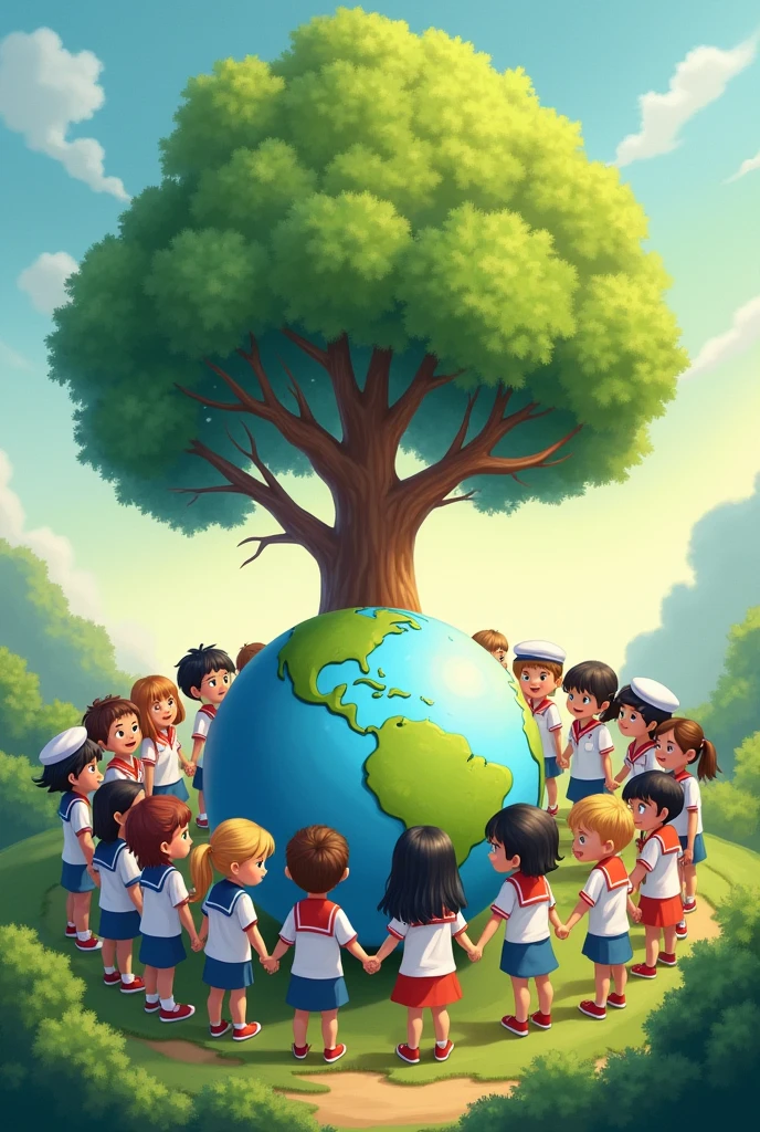 Planet Earth with children making use of responsible consumption of the environment