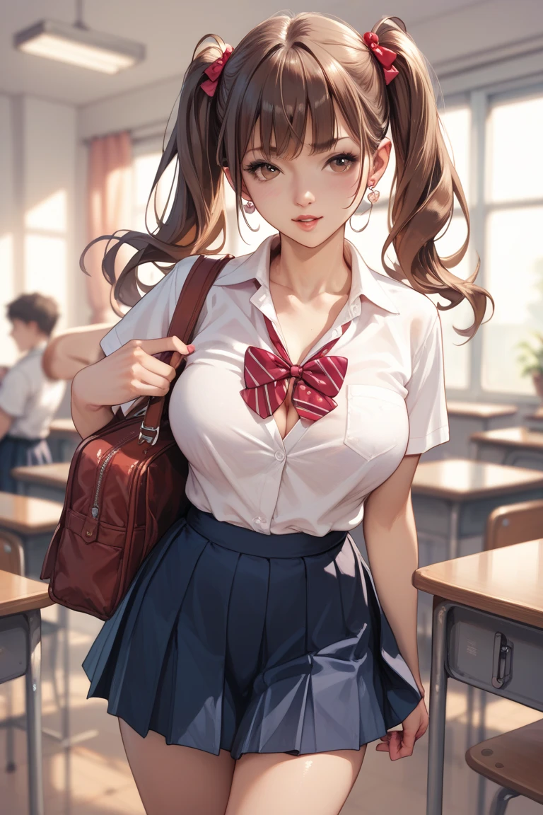 (masterpiece:1.2, highest quality), (realistic, photorealistic:1.4), beautiful illustrations,
looking at the viewer, whole body, Front view:0.6,
1 girl, Japanese, high School girl, ((twin tails:1.9, purple hair:1.3)), ((sharp gaze:1.9, Pink glowing eyes:1.5)), blown hair, bangs, hair between eyes, big breasts:1.8,
beautiful hair, beautiful and detailed eyes, beautiful clavicle, beautiful breasts, beautiful thighs, beautiful feet, beautiful fingers,
(classroom), , School,
((collared short sleeve shirt, white shirt, , Grey plaid pleated skirt, blue plaid bow tie, choker)),
(Are standing, grab the hem of the skirt, hand between legs),
blush