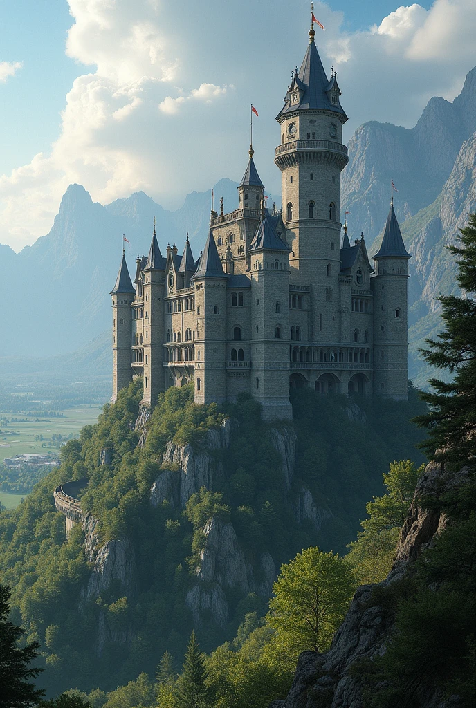 imagine prompt: A grand, centuries-old castle perched on a cliff, surrounded by lush, misty forests, the castle's turrets adorned with pennants, a sense of regal history and opulence, Photography, full-frame DSLR camera with a wide-angle lens, --ar 16:9 --v 5