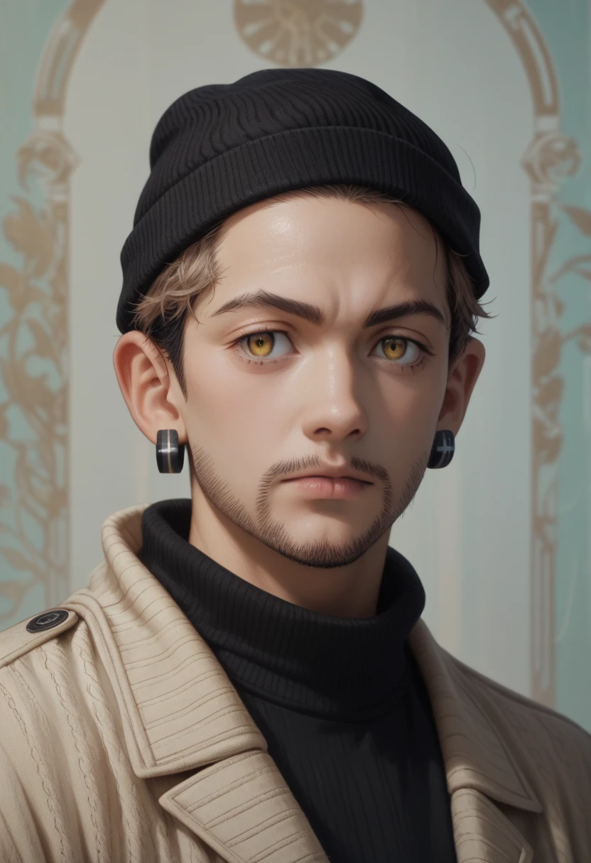 (((ultra realistic))) Photo, masterpiece, top quality, (light brown skin), (Ultra detailed face),  a handsome man poses proudly sitting, extremely detailed CG 8k wallpaper, photorealistic, extremely detailed, intricate, high detail, asian face, light brown skin, wearing sweaters, wearing a beanie on the head, black full set clothes, yellow eyes detail, black iron earring in left ear, looking forward, detail face, black bald hair, thin beard