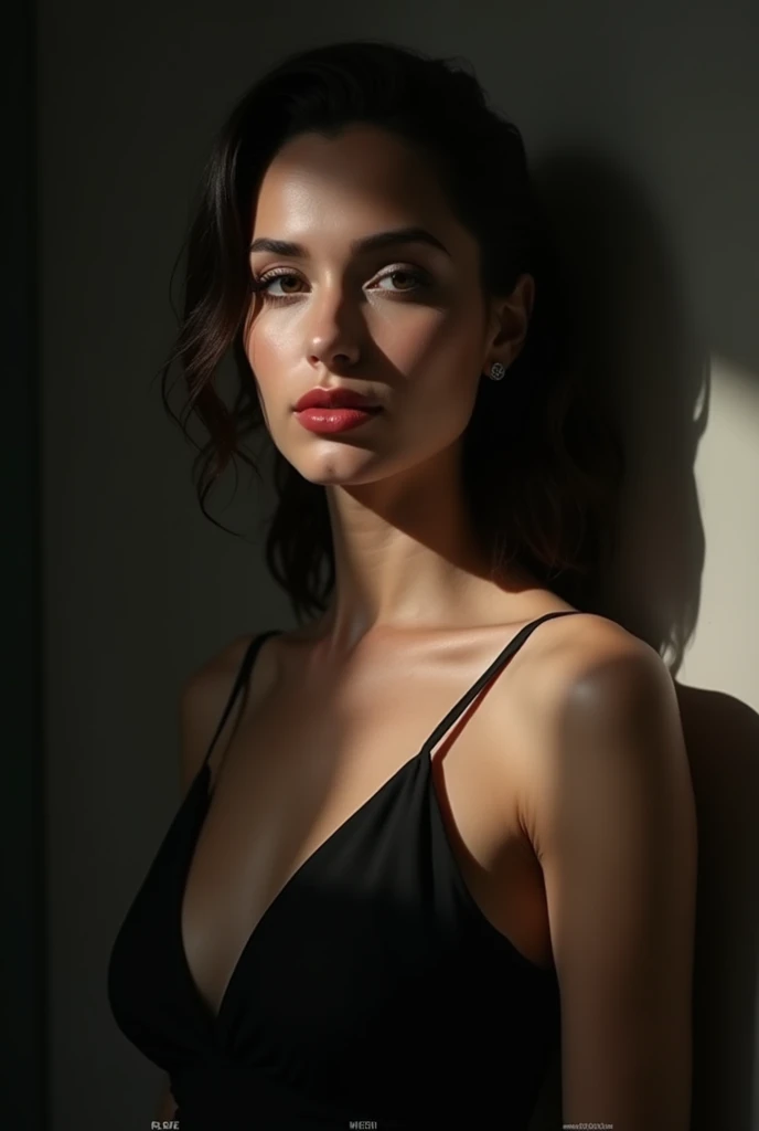 woman bathed in soft light, leaning against a wall, looking into the camera in a moment of raw emotion. Her attire is minimal, accentuating her beauty with the dramatic shadows cast by the lighting. The background is stark, with sharp contrasts highlighting the contours of her form. The red and black palette intensifies the mood, evoking a sense of mystery and allure. Subtle film grain and meticulous shading add depth and texture, emphasizing the emotional gravity of the scene. The lighting creates a chiaroscuro effect, accentuating her expressive pose and the intense atmosphere.
