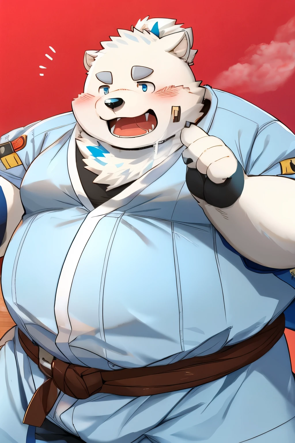 （@mind_By Drive）Gained weight、Being overweight、Dog Beast Man、fur、Fluffy、  cute、blush、saliva、 white judo uniform、Black Belt