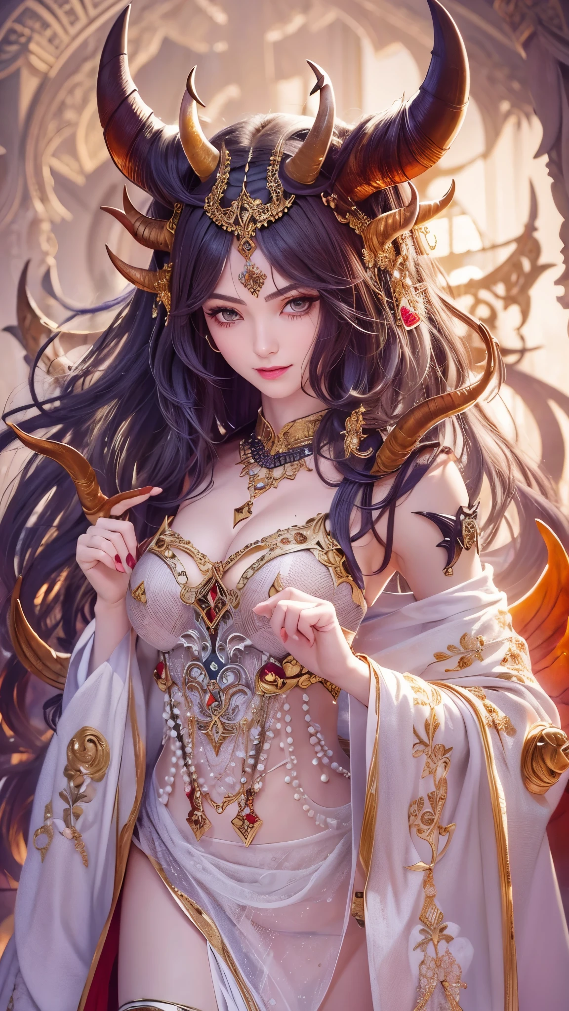 (tmasterpiece,top Quority,best qualtiy,offcial art,Beautiful and aesthetic:1.2),A scene depicting a female god of war fighting a red burning demon with huge horns in the middle of hell,She is a great giant,She is a lovely princess,She is a strong fighter,Flame,lightning in sky,magma,At the foot of the mountain,Mountains in the distance,(theelementoffire:1.4),Realistic flames,Highly realistic,Correct anatomy,fully body photo,Bulge,Cute big breasts,revealing breasts,legs separated,plumw,Desire for dissatisfaction,Bare genitalia, Camel toes,Sexy gesture,climaxing,Sexual huge breasts cleavage, Barefoot,Sexy gesture,Fist to flesh,(zentangle,datura,Tangles,entangled)(Long hair and long meat,Bare ,),Married Woman,熟妇,s delicate face,beatiful detailed eyes,Correct anatomy,Detailed face, Detailed eyes,holy rays,gold foil,Gold leaf art,Deep background,absurderes,Fantastic and incredible,Epic composition,(Complicated details,Hyper-detailing:1.2),Ultra photo realsisim, epic realistic, ((com cores neutras)),(pastel colour:1.2), Hyper-realistic, + cinema shot + Dynamic composition, Incredibly detailed, Sharpen, Cinematic, warm lights, Light effect, Dramaticlight, (Intricate details:1.1), the complex background, (greg rutkovsky:0.8), (Black and red:0.4),