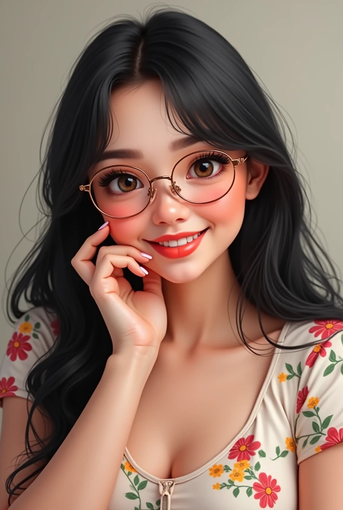 Linda , brown long hair, honey colored eyes with prescription glasses and charming smile. Dressed in a long red dress