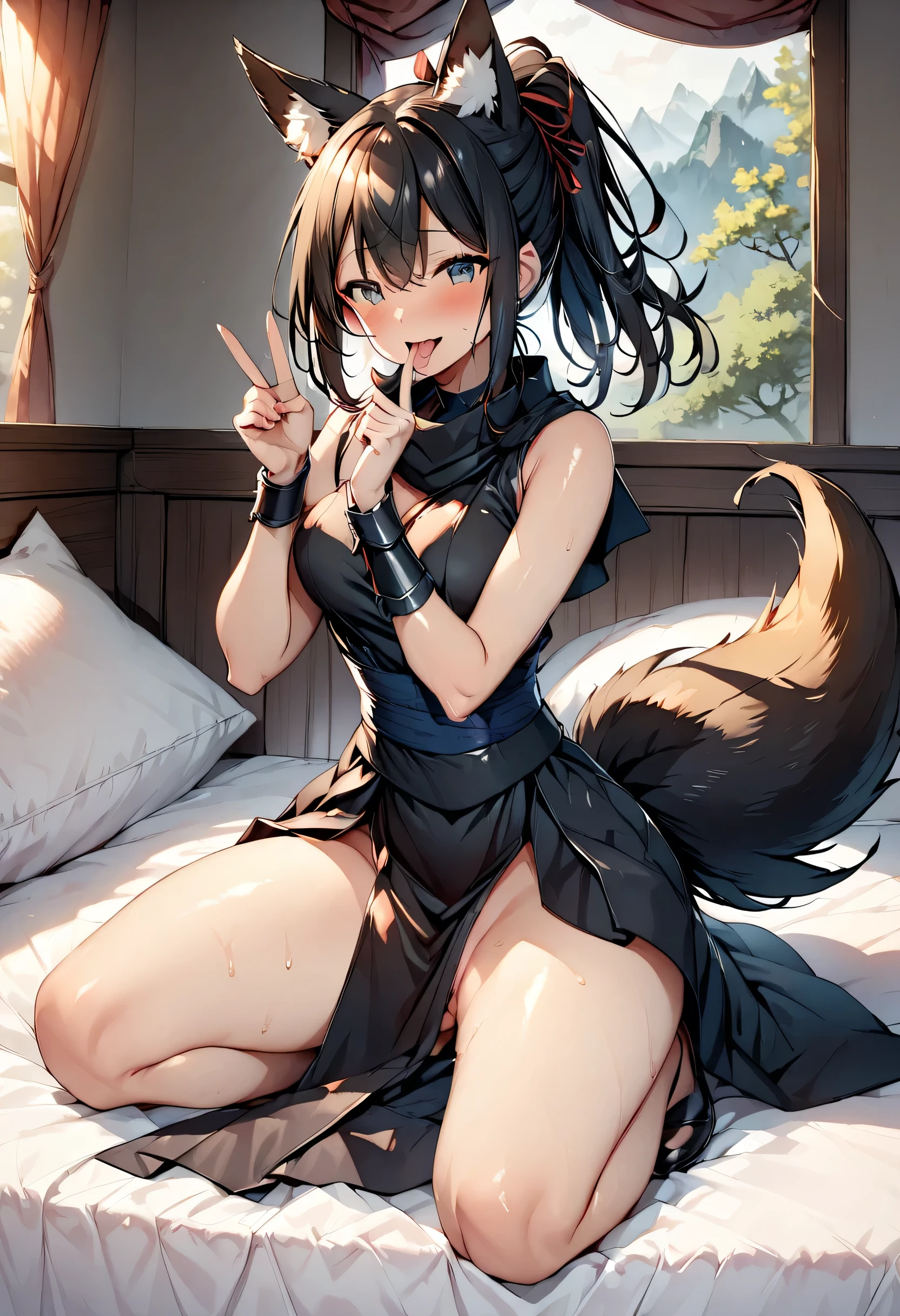   one girl，  black hair ，  ponytail，  fox ears，  choker， black ninja costume with twistle(  sleeveless，  black scarf  ，  skirt curtain，Wrist armor， Knee-length，)， Black fox tail，valley，   beautiful thighs，   full body wet with semen  ，  creampied，膣から流れるsemen，semen，sweat，  sticks out his tongue  ，smile，  peace sign with both hands，indoor，  on the bed， Erotic ，Complete defeat