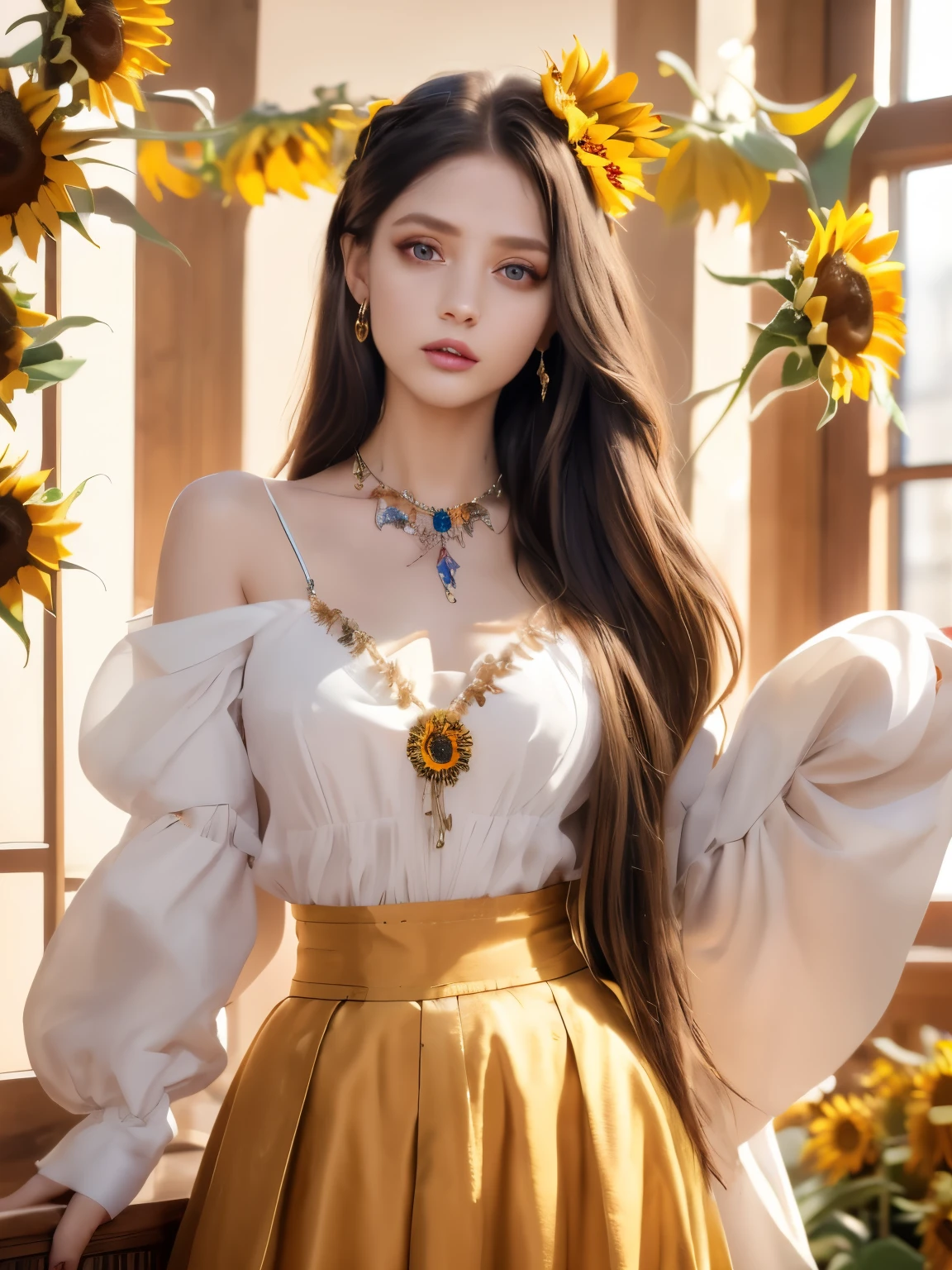 (  Absurdly , high quality , Extremely detailed ) ,( Handmade details ) , 1 Girl, Solitary, Mature, Very long hair, Sunflower Hair , Beautiful crystal eyes ( Eyes Details ) Baroque, necklace, Long skirt, Long sleeve, elegant, rich and colorful, The most detailed, Upper Body , There are rivers and sunflowers