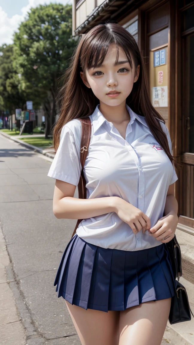 a beautiful 18 year old Japanese high school girl with perfect anatomy, healthy thighs, beautiful legs, beautiful skin, random hair color and style, large breasts, (wearing a Japanese schoolgirl uniform:1.3), (she is standing:1.2), penny loafers, holding a student bag, full body shot, standing on a city street, (best quality,4k,8k,highres,masterpiece:1.3),(extremely detailed:1.2),photorealistic,ultra-detailed,vivid colors, studio lighting, professional