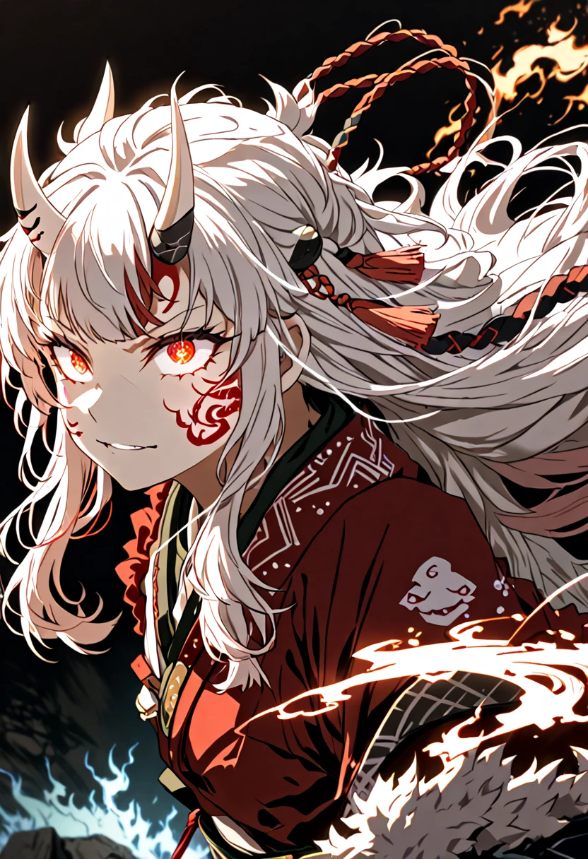 8K Ultra High-Quality, ultra-detailed, High quality, Nakiri ayame, white oni horns, glowing hair, burning hair, glowing eyes, close up, full body, glowing face tattoo, dark background