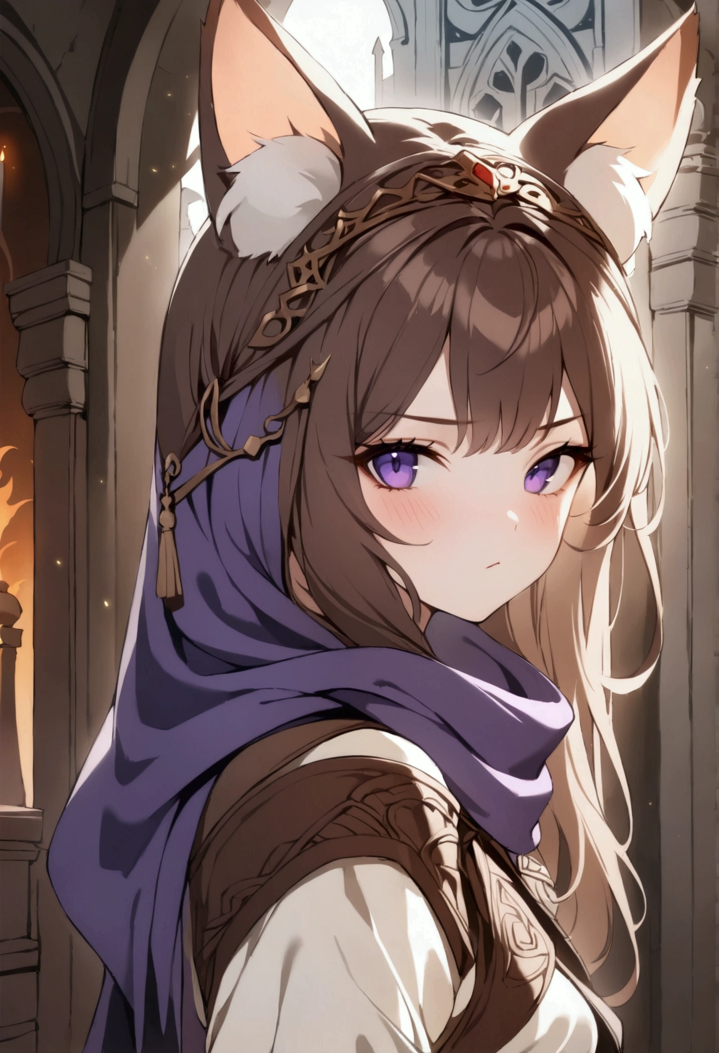 (1girl, Masterpiece, best quality) A young cat-woman female with (long length brown hair). brown cat ears with white fur. Neutral, sligthly serious expression. medieval-style dark brown, white and purple outfit. She has purple eyes. She has a brown belt cinched around her waist. She wears brown pants. She's wearing a scarf.
