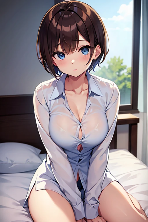 Highest quality, masterpiece, 4K, Highly detailed face, Highly detailed skin, Highly detailed wallpaper, Japanese anime, Second Dimension, Fine skin, Very beautiful cleavage, NSFW, , whole body, One girl, Embarrassed face, On the bed, Bob Hairstyle, Brown Hair, Detective Conan, Haibara Ai, Shelley, Sweaty, Adult appearance, Cosplay, Nurse uniform, mini skirt, Female ,  gets on the face, Eyes are hearts, Masturbating, Squirting, Seducing a man, Spread your legs in an M shape