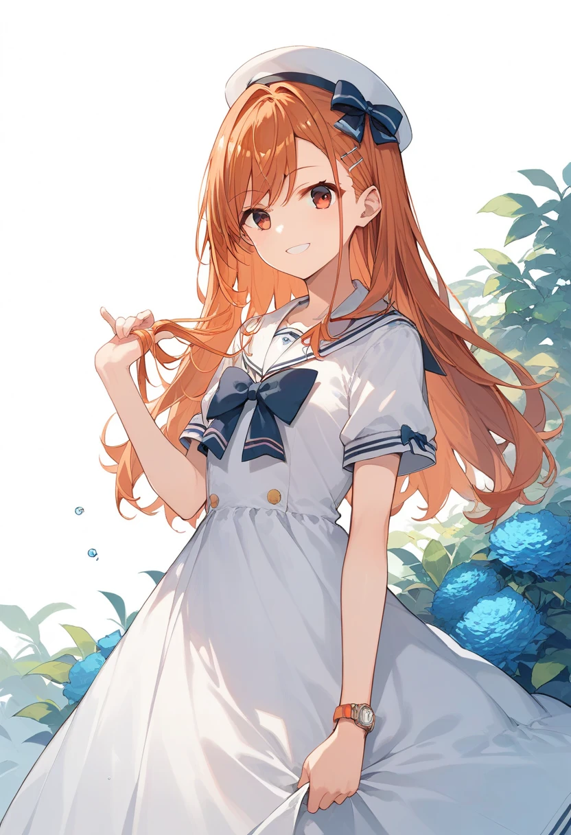  score_9,  score_8_up,  score_7_up,  source_Anime, Arisugawa Natsuha,  long hair,  orange hair,  1 girl , Alone,  have , smile,  Watch Viewers, Short sleeve,  sailor color ,  white headwear,  putting hands on lower back ,  dress, bow, white  dress