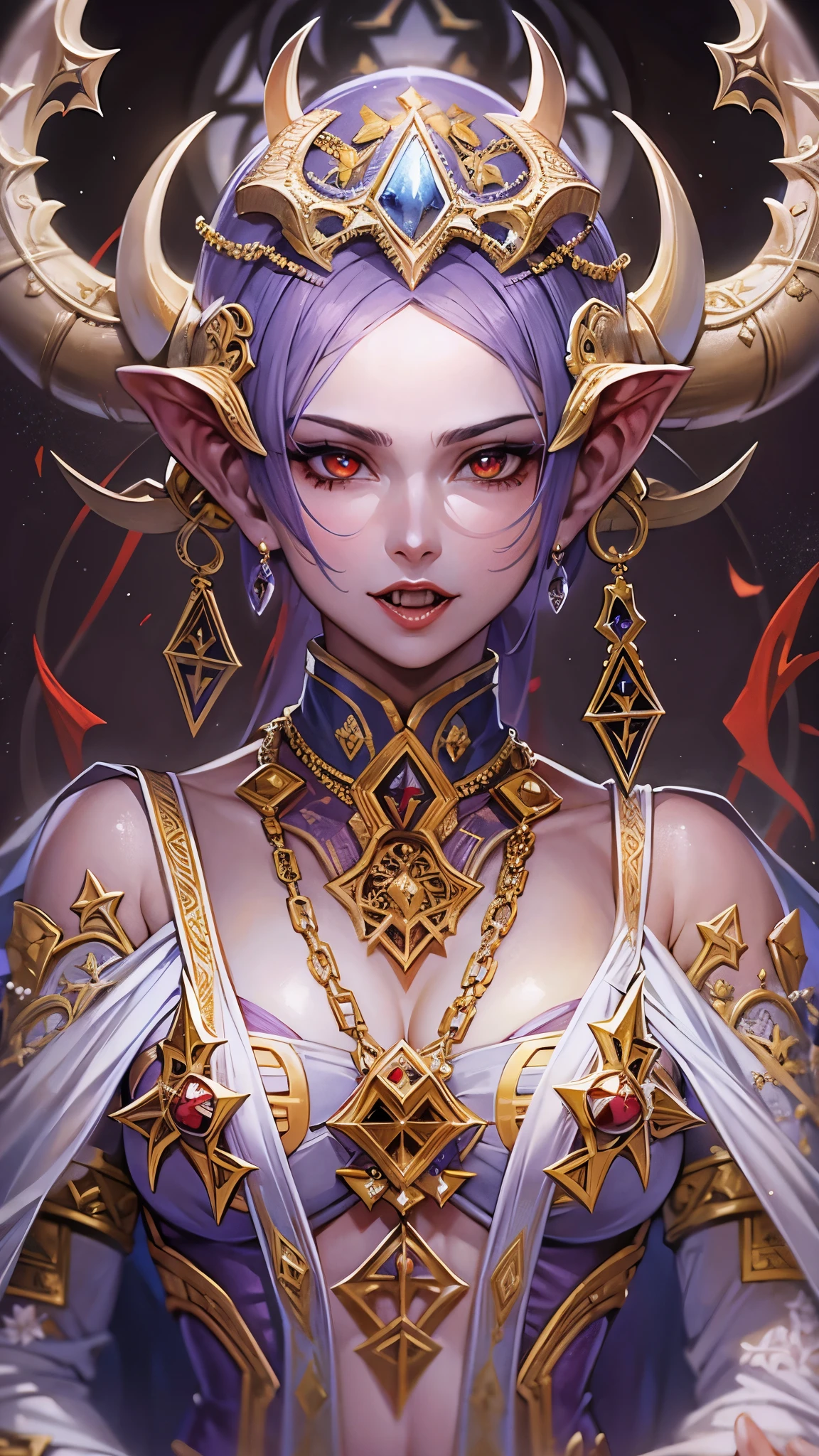 (masterpiece, top quality, best quality, official art, beautiful and aesthetic:1.2), (1girl:1.3), (fractal art:1.3),High resolution, in unified theory, in DMT effects, nganga, mamá chola palo mayombe left hand path Osha Seth Draconian  by Lovecraft's, Artgerm by Marvel comics style, UHD, 4K, high vivid colored, high ilumination, Insainly detailed, best quality, expert artist, 1demon, ((red-skin demon)), breasts, claw_pose cleft_of_venus, sexy, seductive, sensual, femenine, (colored red _skin) cross_scar fang gloves groin, hair ornament, hood_down horns, (large breasts), long_hair, looking_at_viewer navel (red oni),   pointy_ears,, red_oni red_skin, hell, single_glove dinamic pose, smile, solo, very_long_hair  detailed_background white_ large hair, wrist_wrap