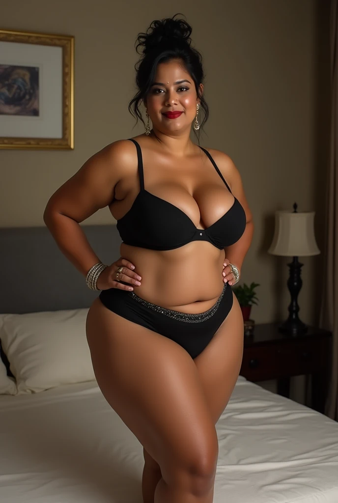 54 year old Indonesian prostitute sitting on a sofa in a cheap brothel, wearing a black bra and panties, short black hair, slim body, black-skinned, has extra big large breasts: 196.9