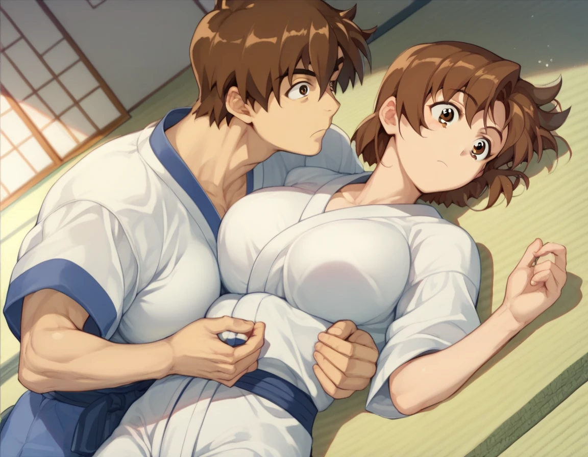 which_Kirie, brown hair, short hair, brown eyes　Big Breasts　Judo　Judo Hall　　bald boy　　　Judoを引っ張り合う　Have a judo match　Do sleeping techniques 　 do submission hold　　On the tatami