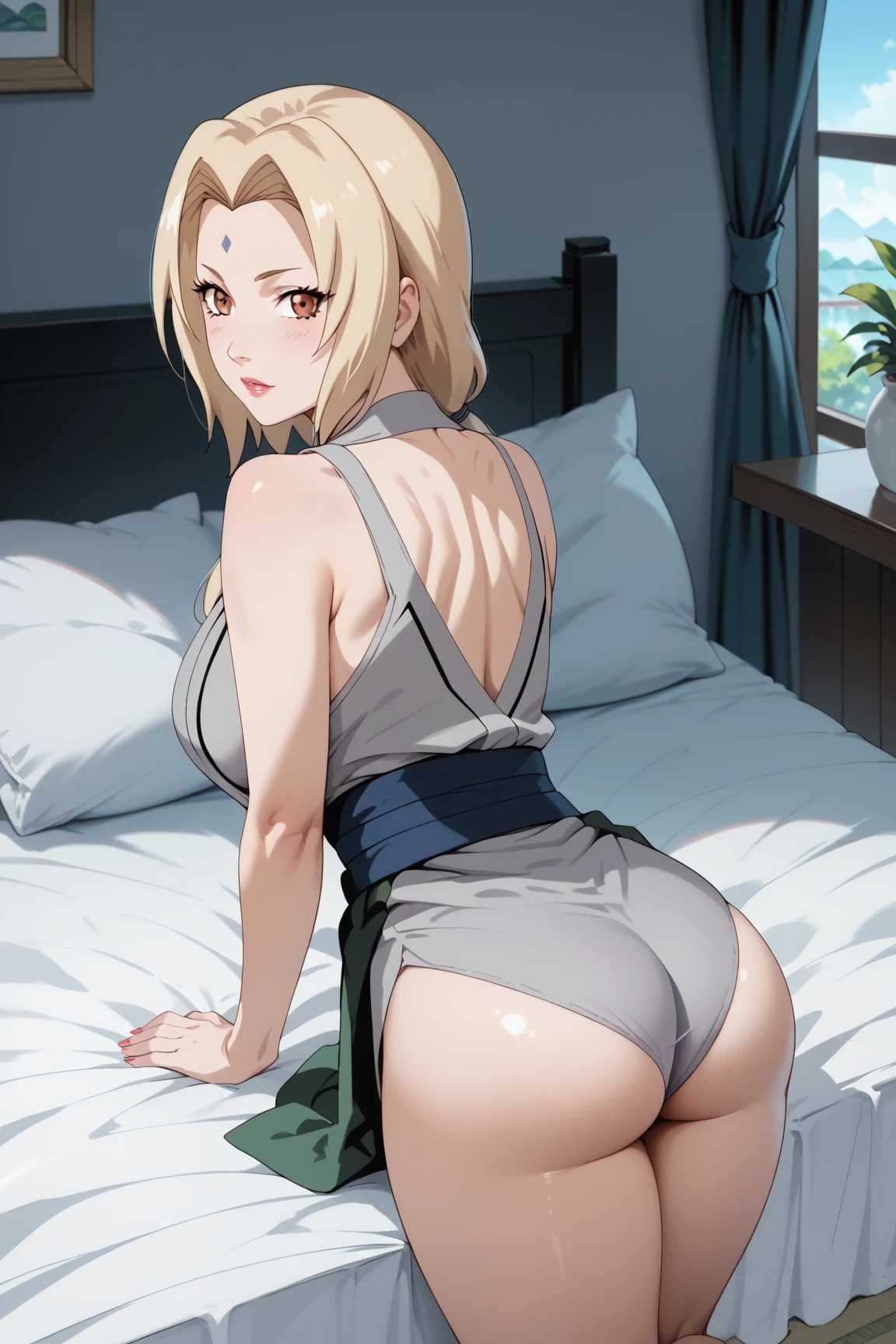 Masterpiece,high quality ,4k,plain silver baground,solo,1 girl ,tsunade senju,large breasts,slim body,beauty legs,sexy ass,grey sleeveless kimono,looking at viewers,bed room 