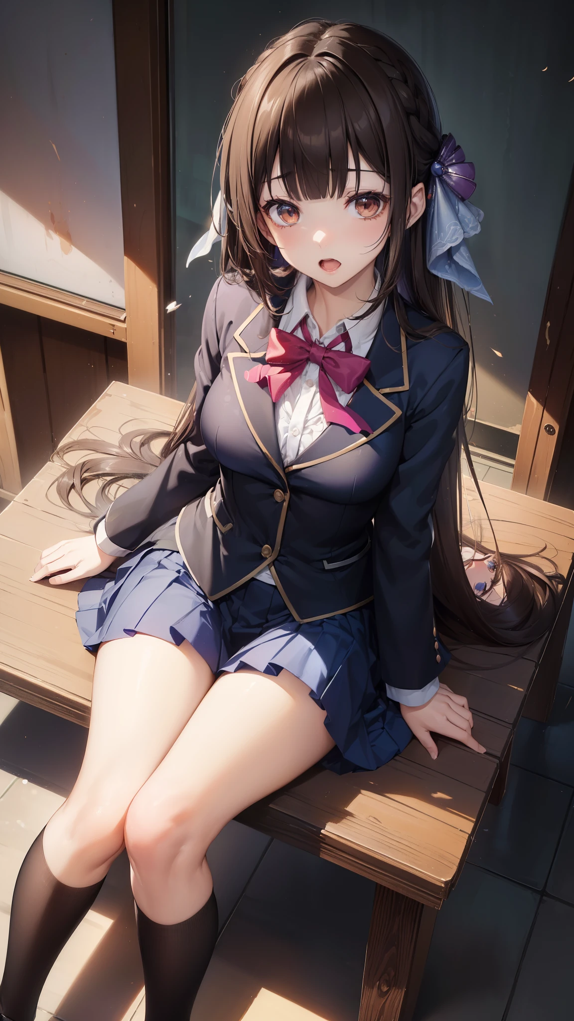 ((((masutepiece, Highest Quality, Best Quality, 1girl in, Solo, Beautiful anime、Detailed picture))))、18year old、A slender、slightly larger breasts、skinny thigh、((dark brown hair、Straight、Longhaire、Brown-eyed、rounded eyes、Clear department、、)),((Schools、‎Classroom))、((Dark blue blazer、Dark blue skirt、School uniform、bow ribbon、lowfers)))、astonished face、Impatient expression、Open mouth、opens his eyes wide、NSFW、(((、Fluid overflowing from the female genitalia、Fluid overflowing from the female genitalia、dildo、open one's legs、insertion、masturbate、)))、(Sit on a wooden chair、shot from a side angle)、Photo from the knee up、