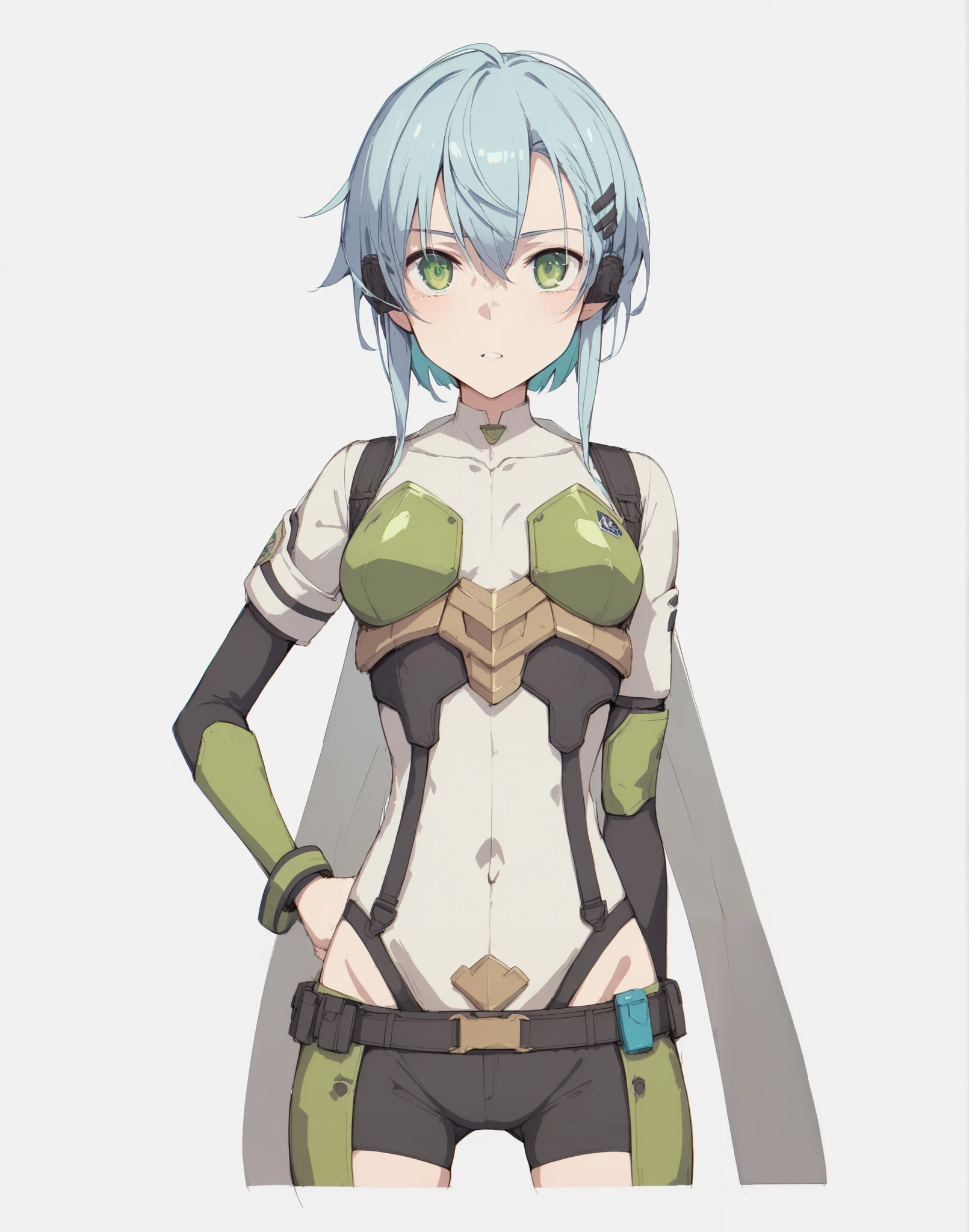  close-up of a figure with a gun in hand ,  Shinon's avatar in GGO ， Shinon's avatar in GGO 。 she has long light blue hair 、Has green eyes 。 with tactical yellow-green attire、 wears body armor and boots and 、 in a digital battle field 、 has a tense vibe 。 black square hair ornament 