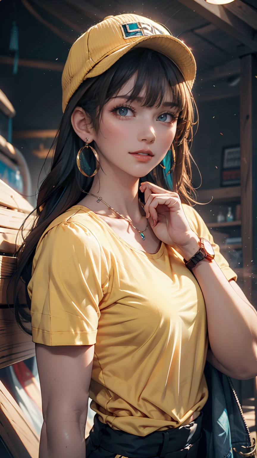 "(Hyper-realistic), (illustratio), (A high resolution), (8K), (extremely higly detailed), (Most Best Illustration), (美丽细致的眼睛), (best qualtiy), (ultra - detailed), (tmasterpiece), (Wallpapers), (详细的脸), blue hair,Japanese curly hair,Yellow-blue heterochromic pupils,Issuing, Yellow clothes with sunflowers,blue short pants."