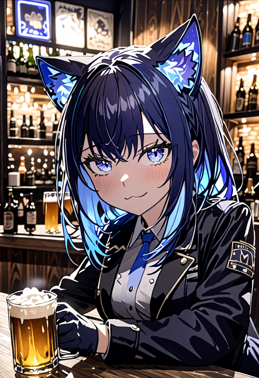 8K Ultra High-Quality, ultra-detailed, High quality, dark blue hair, Blue inner layer hair, glowing blue eyes, long hair, Cat ears, gloves, Black jacket, holding a glass of beer, table, drunk face, bar background