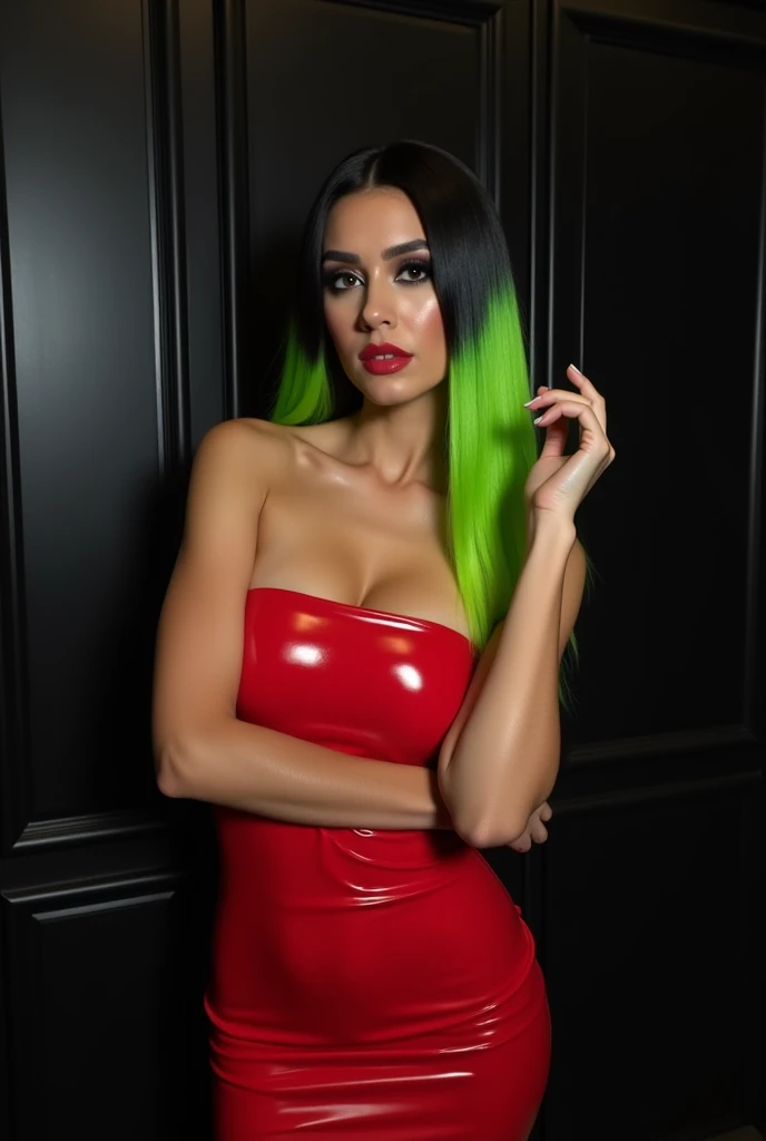 A woman with a striking appearance poses in a dark, minimalist indoor setting. She has long, straight hair that transitions from black at the roots to neon green at the tips. Her face features bold makeup, with dark, smoky eyeshadow, defined eyebrows, and full lips in a deep red shade. She is wearing a glossy, tight-fitting strapless red dress that highlights her figure. Her pose is slightly turned to the side, with her arms gently crossed in front of her, emphasizing her silhouette. The background is simple, with dark paneling.