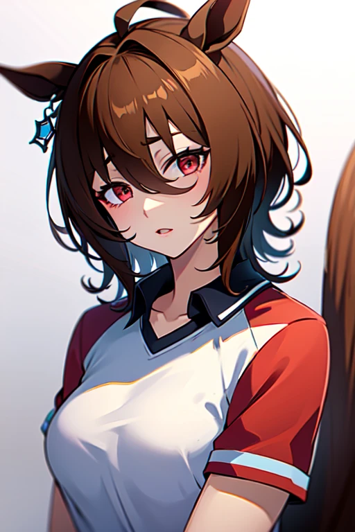  Agnes Tachyon 、Horse Girl、One person、 girl、Horse ears、Horse tail、 earring on one side 、Red eyes、 lines in eyes 、 shorthair、 brown hair 、Stray hair、best qualty,compression shirt