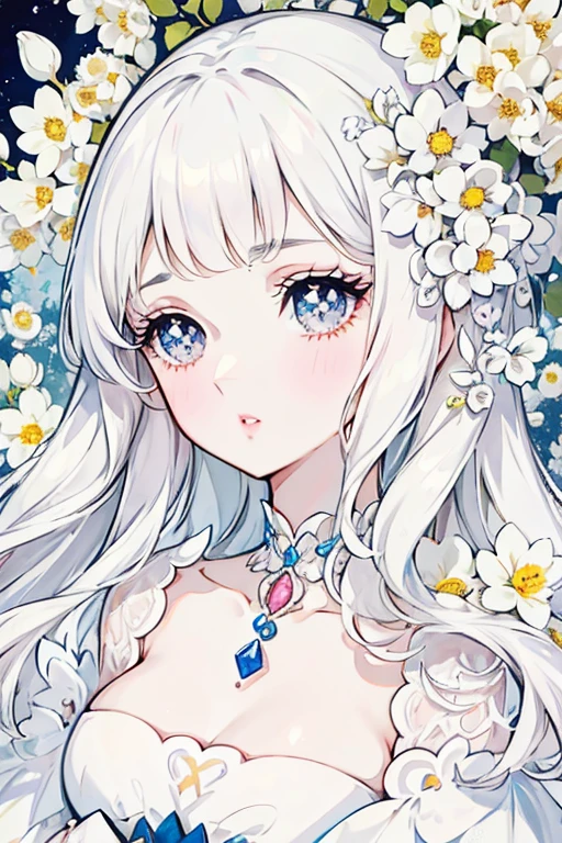  Beautiful girl silky white hair,  silver eyes, super detailed big eyes and lips, cupid bow lips, blushing, long eyelashes,makeup douyin, focus on eyes, full of white flowers, pearls, diamonds.
