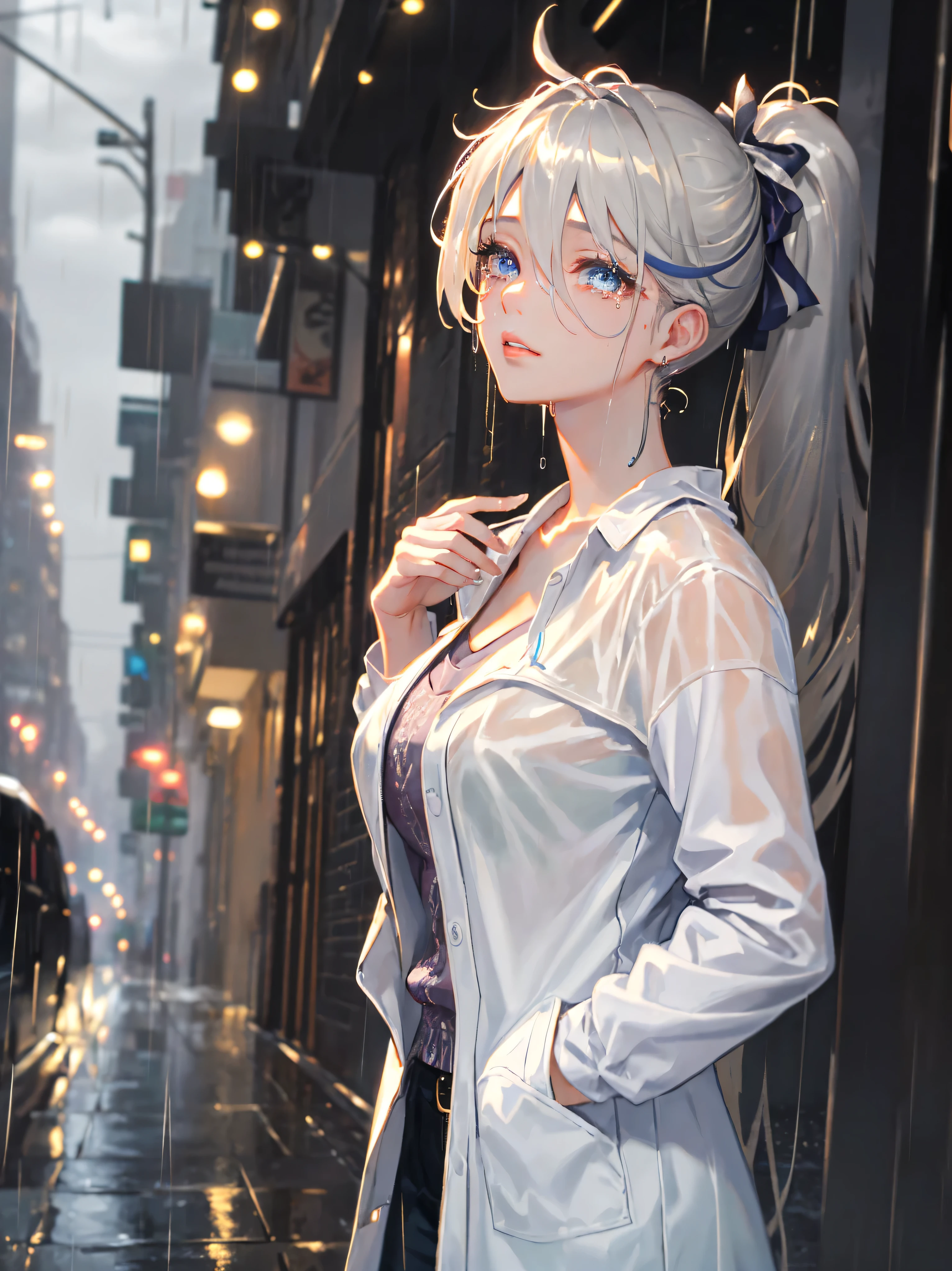 (masterpiece:1.2), best quality, photo of beautiful female model, (wearing white raincoat), (casual clothes:1.5), (heavy rain:1.5), u-shaped neckline, detailed collarbone, dark clouds, Photorealistic, Hyperrealistic, Hyperdetailed, analog style, hip cocked, demure, low cut, detailed skin, matte skin, soft lighting, subsurface scattering, at night, dim lights, dark atmosphere, dimly lit, film grain, dramatic lighting, cinematic lighting, cold color palette, realistic, korean beauty, slim fit, intricate details, a detailed, beautiful woman, extremely detailed eyes and face, beautiful detailed lips, long eyelashes, solo, 1girl, beautiful detailed eyes, beautiful detailed lips, soulful eyes, sadness face, crying, tears, extremely detailed eyes and face, long eyelashes, (multicolored gradient silver hair:1.5), (very long hair:1.5), (sparkling hair:1.5), (high ponytails hair:1.5), (hair between eyes), (hair over one eye:1.2), (floating hair:1.3), (heterochromia), (hair ribbons:1.5), (mesmerising pink eyes), red lips, sharp eyelashes, earrings, heavy shadow, masterpiece, best quality, ultra realistic, 8k, golden ratio, Intricate, High Detail, film photography, soft focus